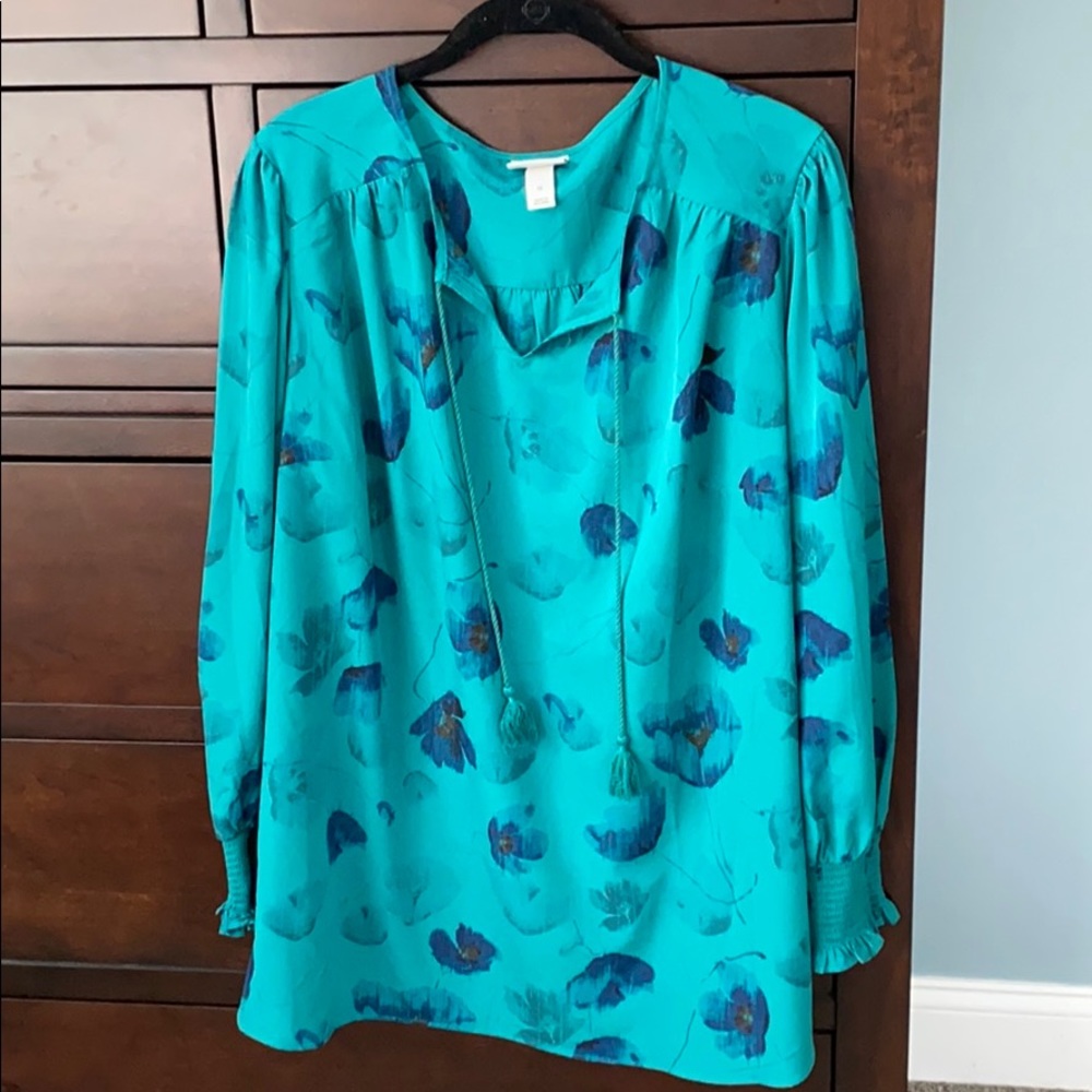 Emerald green blouse with navy flowers.